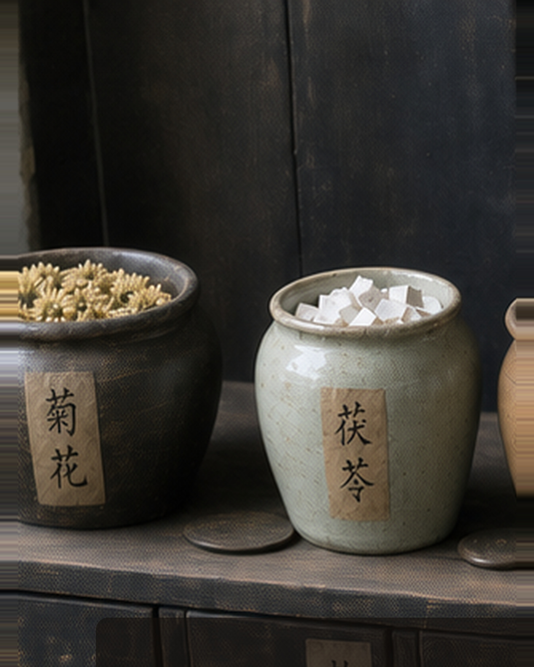 Jars labeled 菊花 and 茯苓