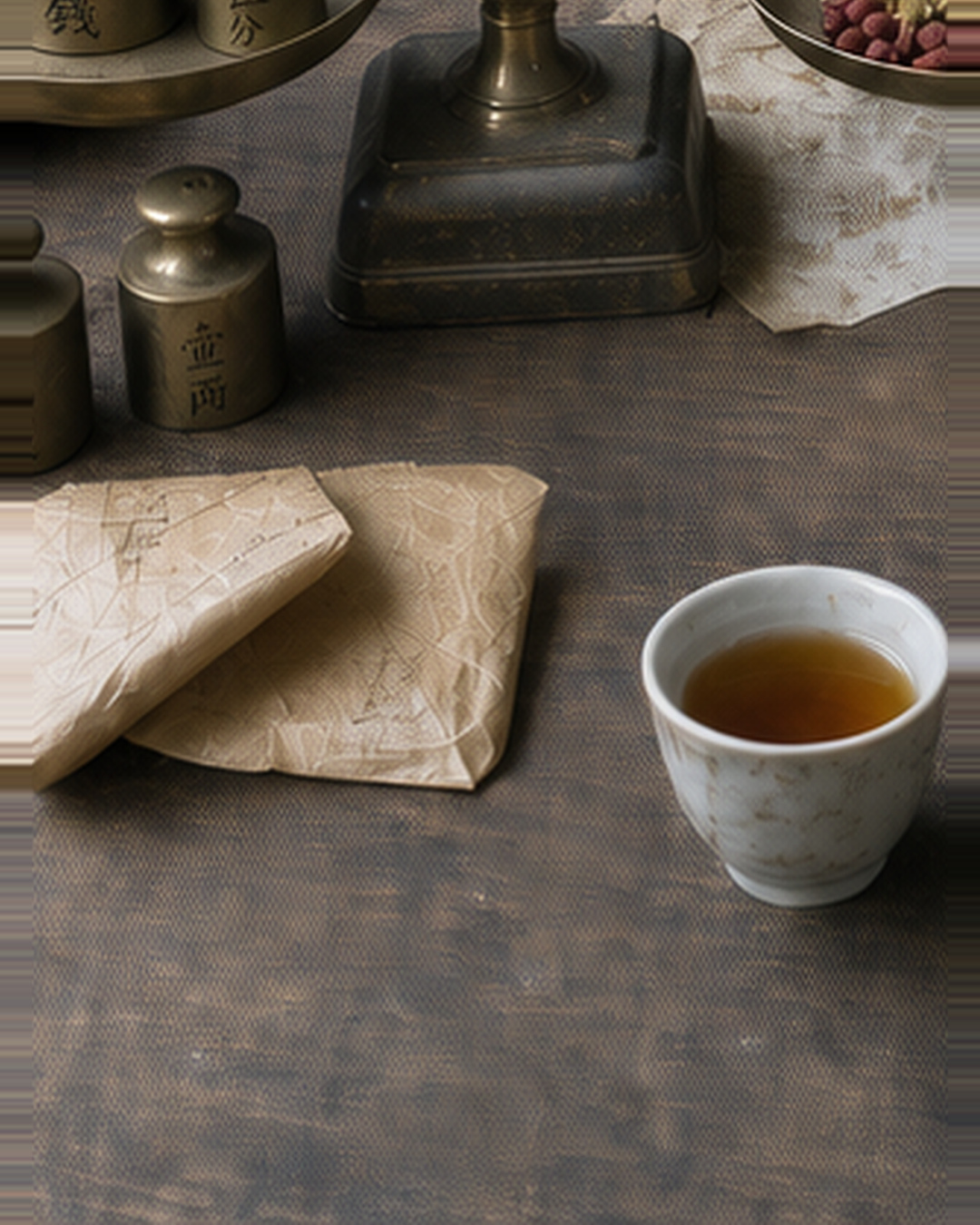 Kindle 温, cup, packets, brass weight marked 松