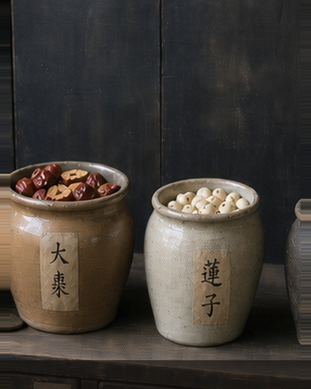 Restore 养, jars of red dates 大枣 and lotus seed 莲子